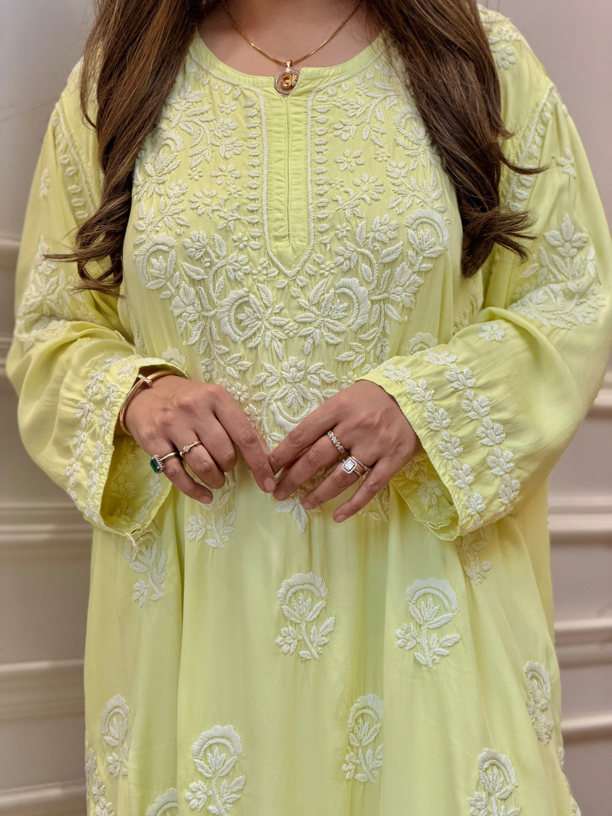 3D Hand Embroidered Chikankari Kurta set | Premium Modal Satin | Neon Green