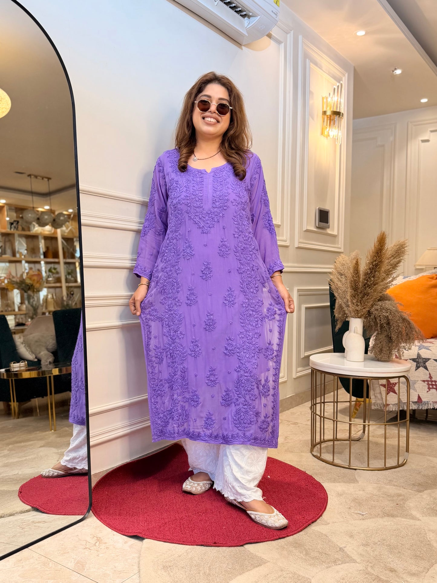 Hand Embroidered 6D Chikankari Kurta  | Premium Viscose | Purple