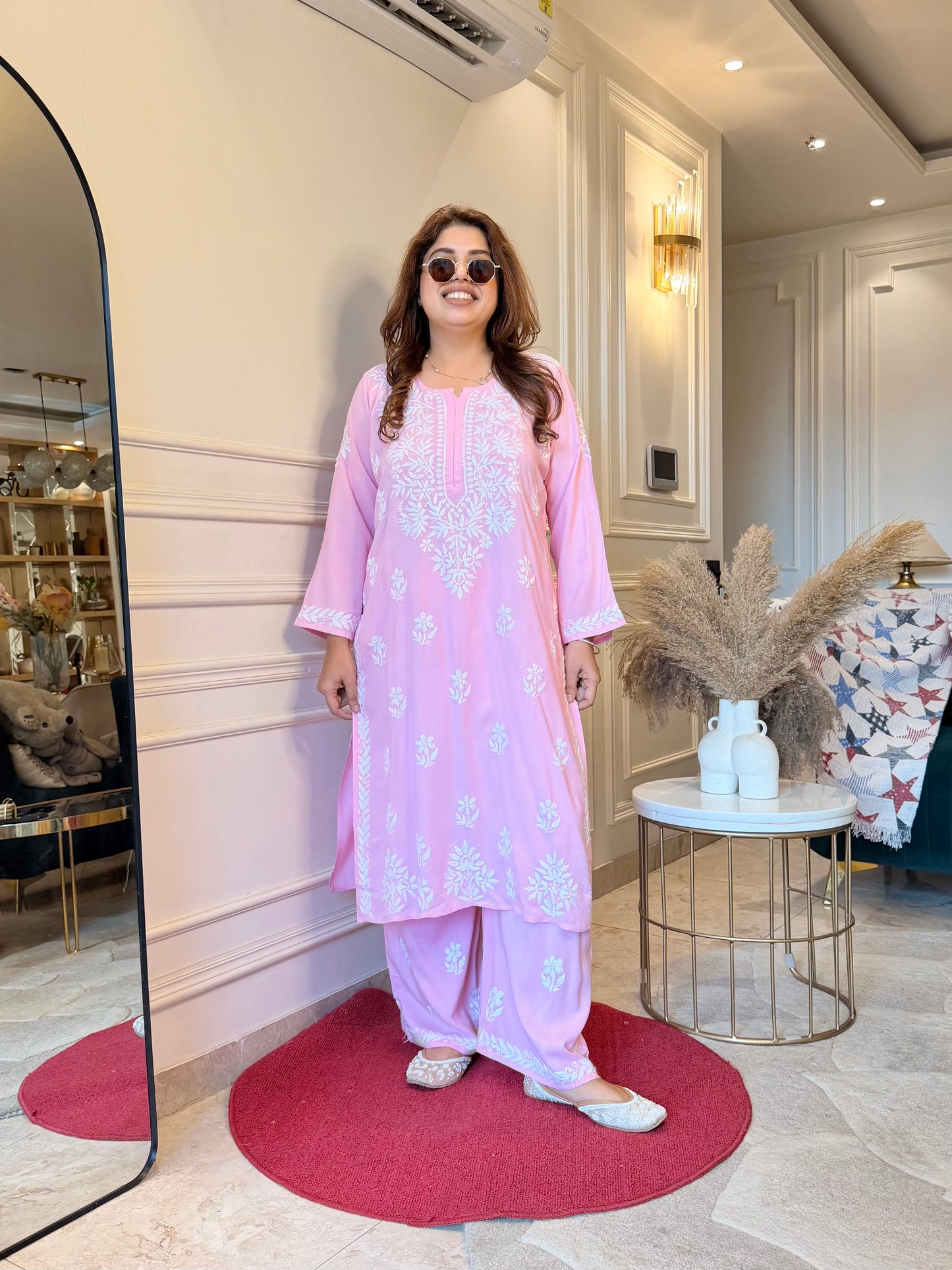 Hand Embroidered Chikankari Kurta set | Modal | Pink