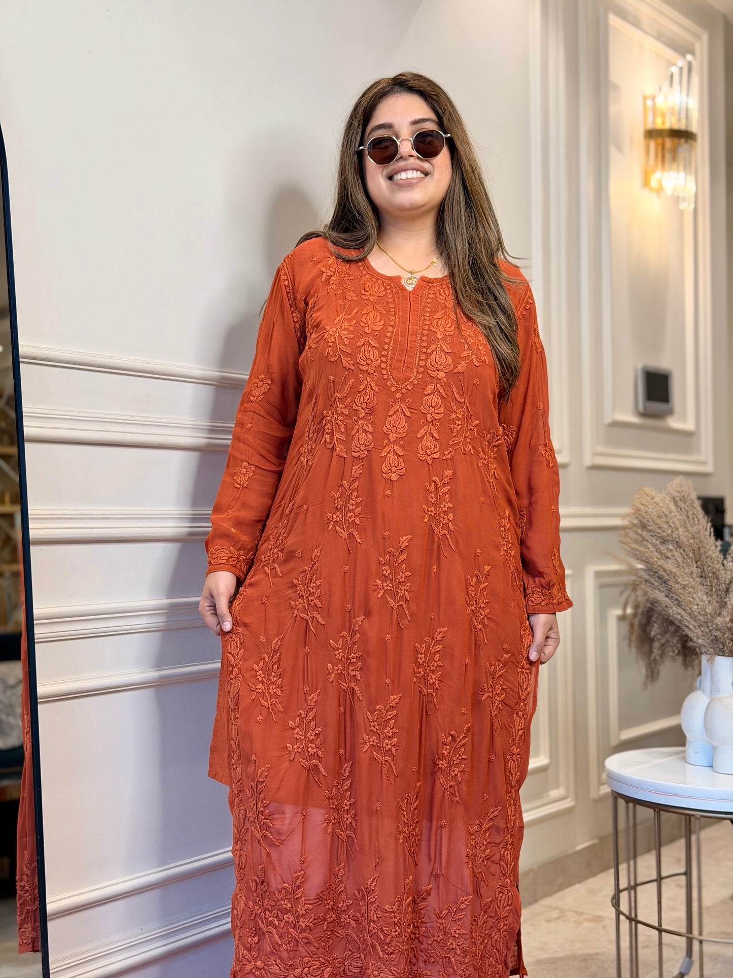 Hand Embroidered 3DChikankari Kurta  | Viscose | Rust Orange