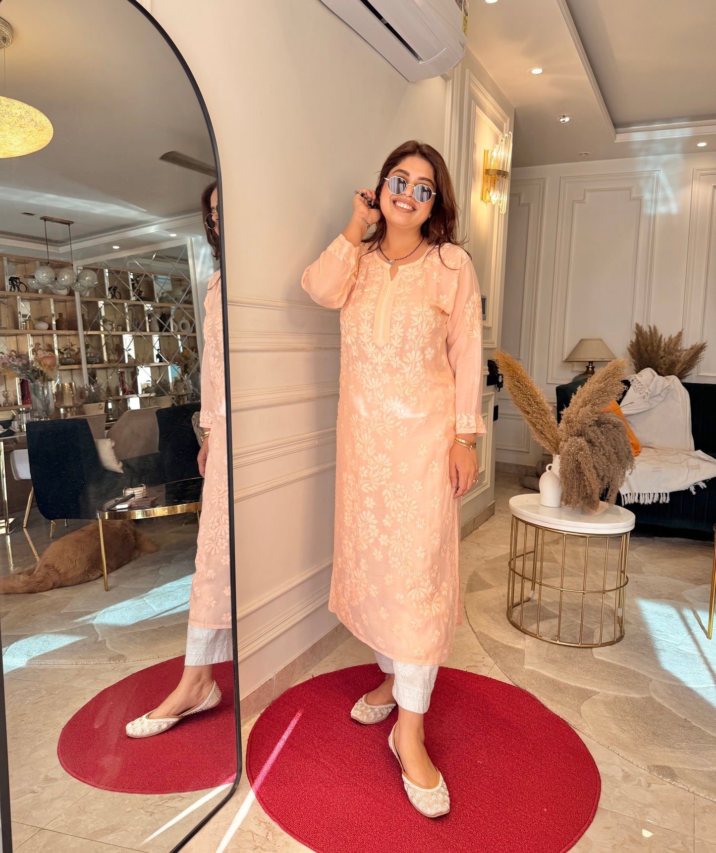 Chikankari Kurta set | Mul Chanderi | Peach