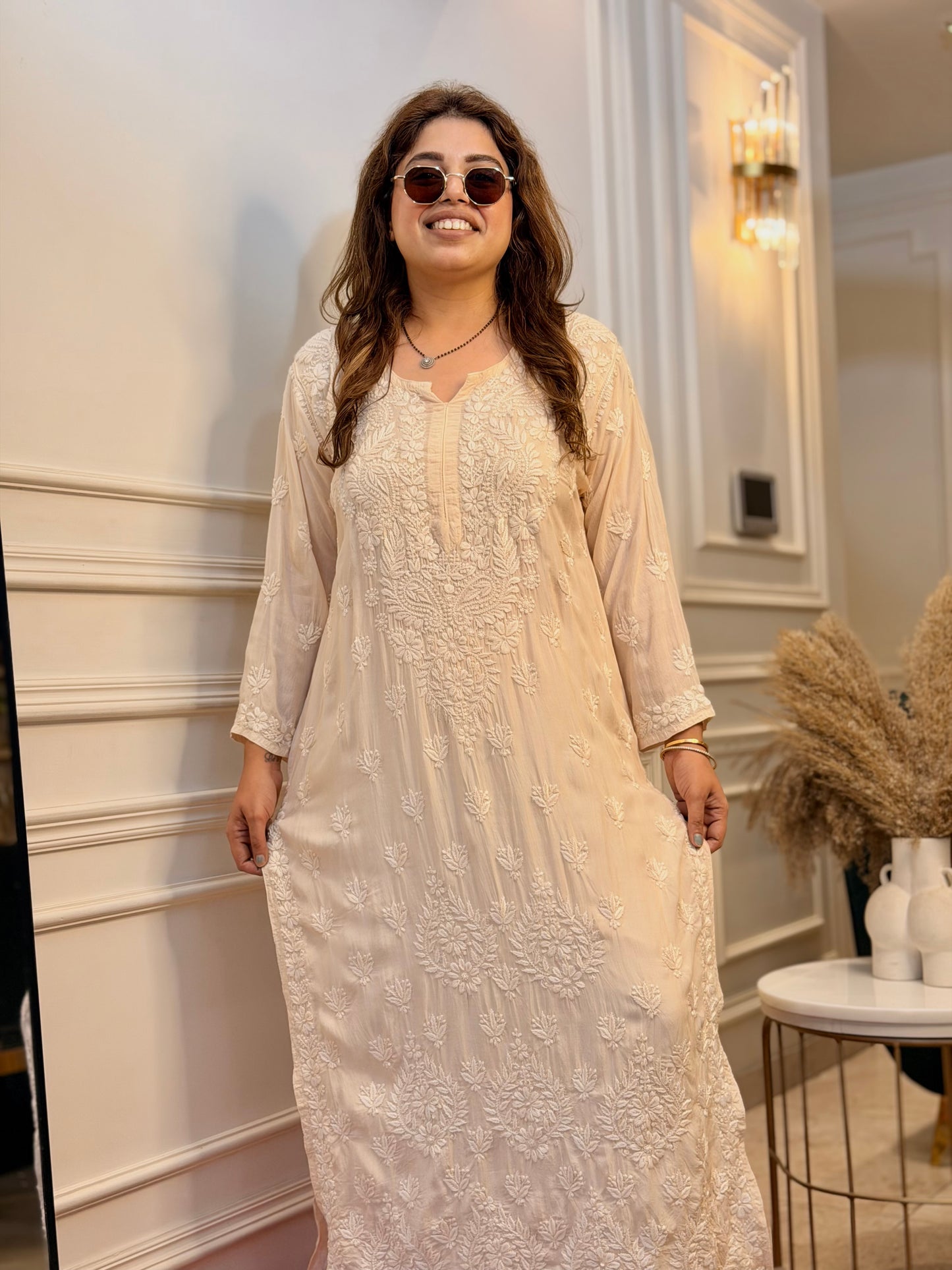 Hand Embroidered 3DChikankari Kurta  | Mul Chanderi | Ivory