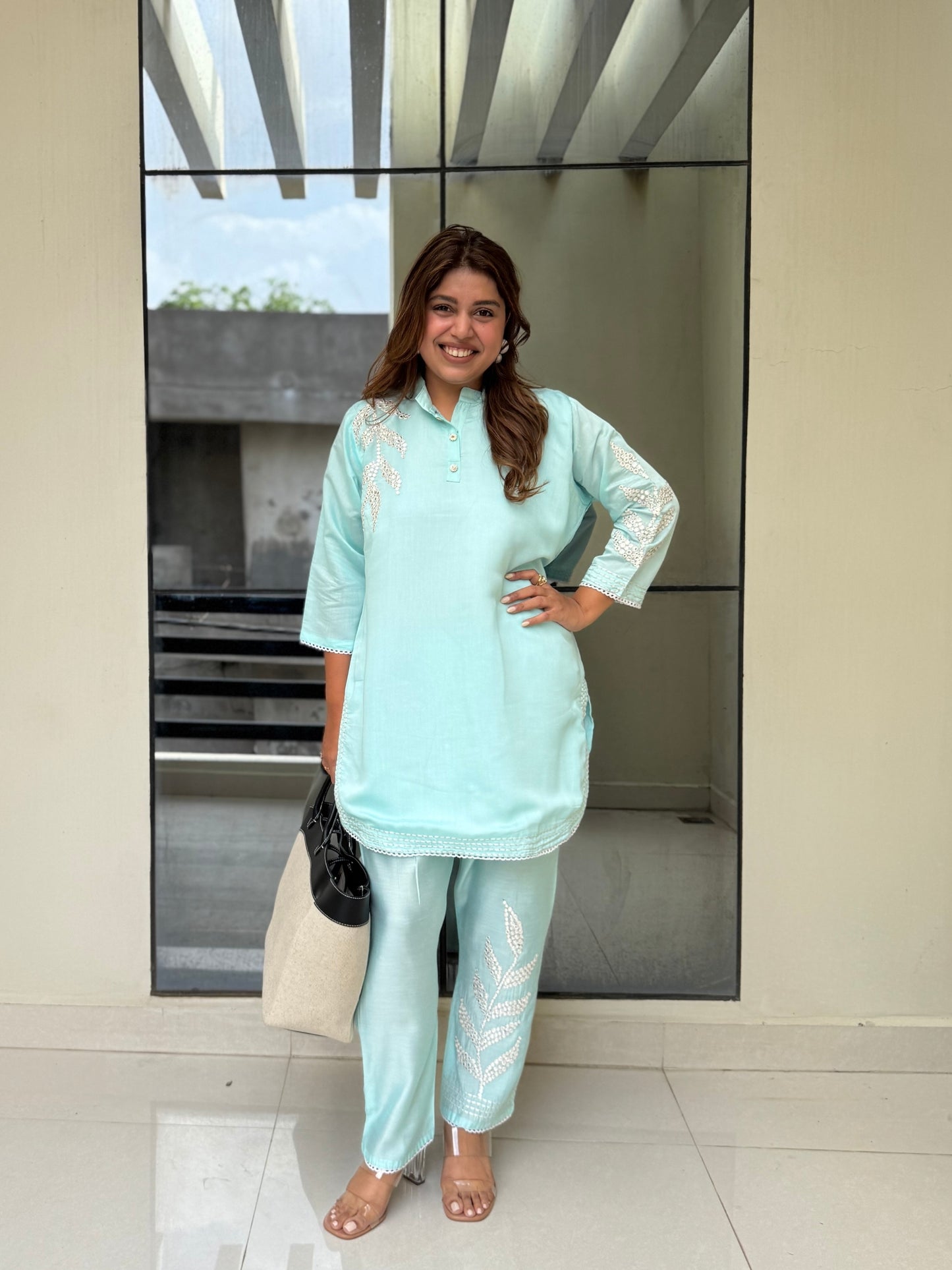 Aqua Blue Leaf Embroidered Cotton Co-ord Set