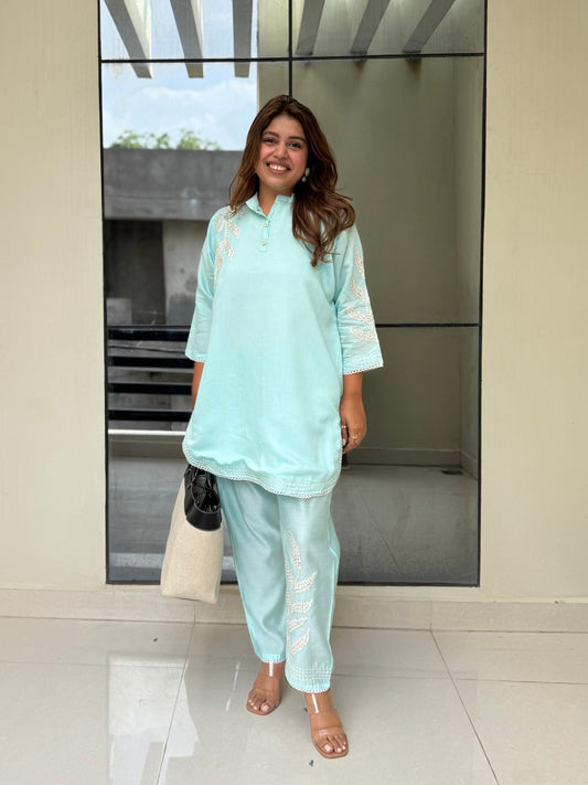 Aqua Blue Leaf Embroidered Cotton Co-ord Set