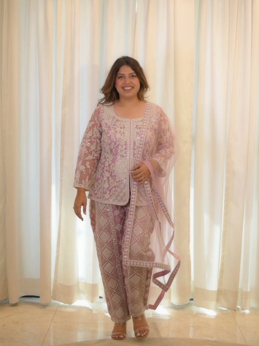 Pastel Mauve Embroidered Co-ord Set – Wedding Season Glam