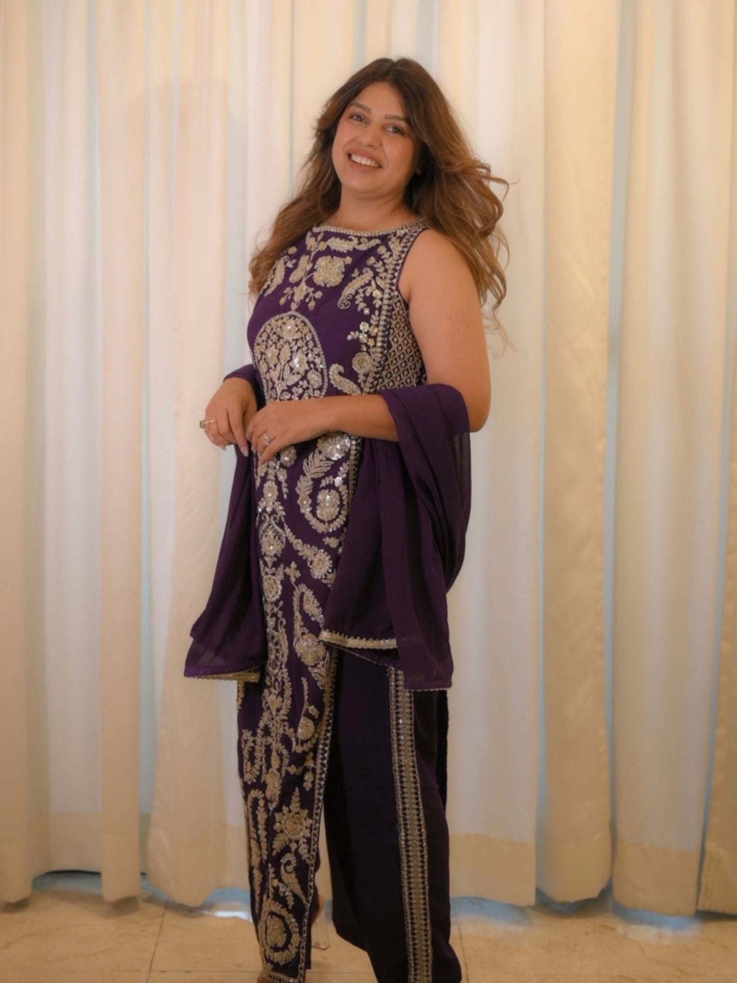 Royal Purple Hand-Embroidered Straight Co Ord Set– Festive & Wedding