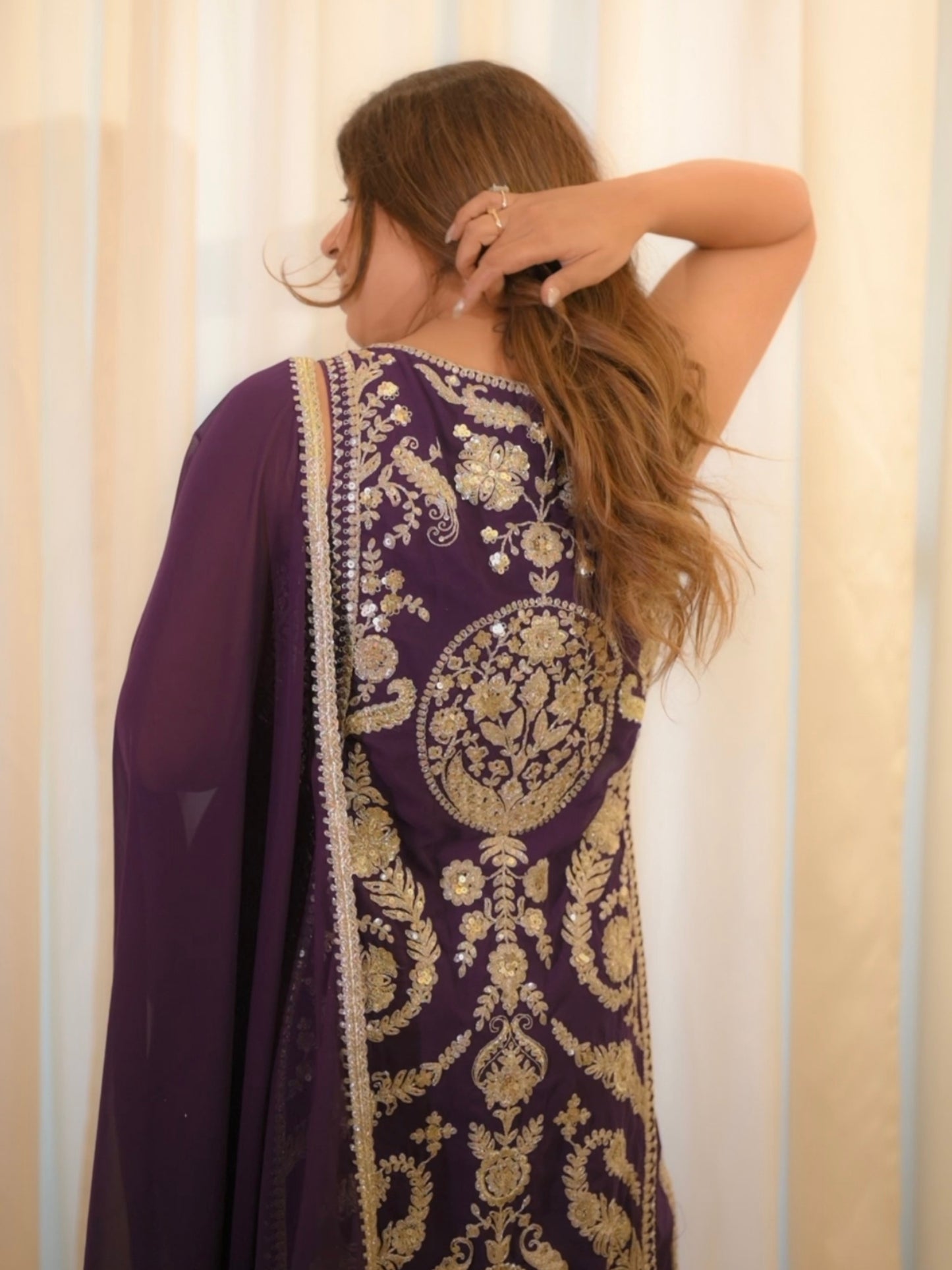 Royal Purple Hand-Embroidered Straight Co Ord Set– Festive & Wedding