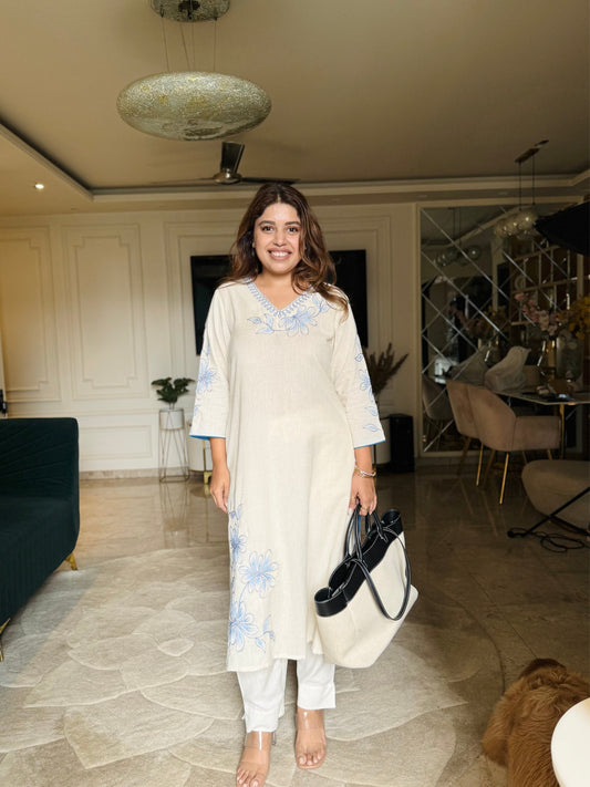 White Floral Embroidered Cotton Kurta Set